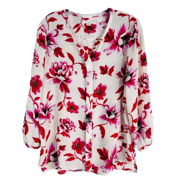 C&E pink white floral crepe button down office blouse top large - Picture 1 of 8